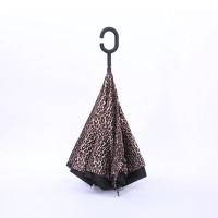 Leopard print double layer compact reverse folding inverted umbrella with c-shaped handle